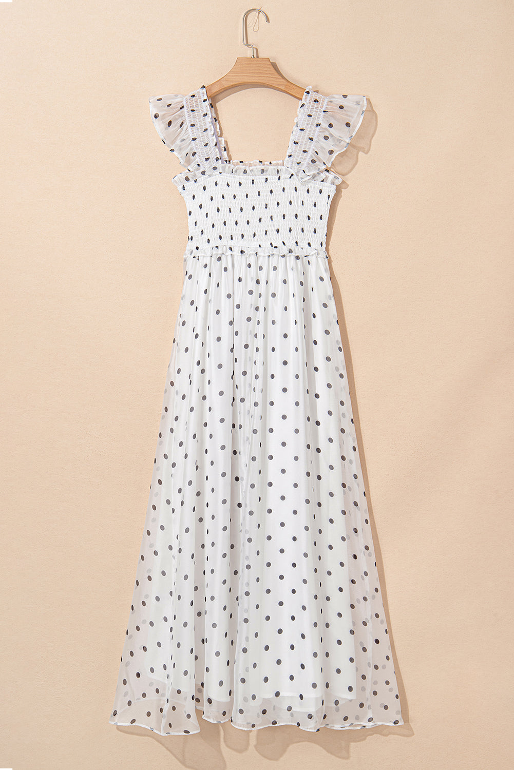 White Polka Dot Flutter Sleeve Square Neck Smocked Maxi Dress-Dresses/Maxi Dresses-[Adult]-[Female]-2022 Online Blue Zone Planet