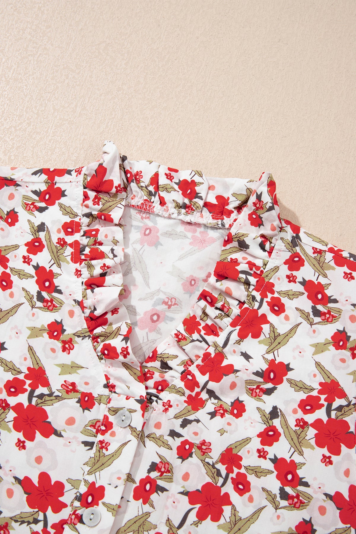 Red Floral Print Short Puff Sleeve Button Front Shirt-Tops/Blouses & Shirts-[Adult]-[Female]-2022 Online Blue Zone Planet