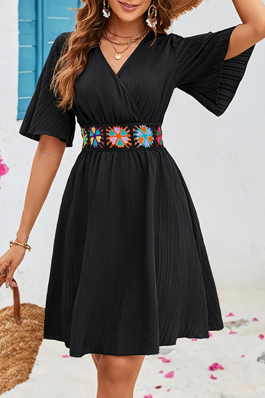 Black Floral Embroidered Belt Flutter Sleeve V Neck A Line Dress-Short Dresses-[Adult]-[Female]-Color black-S-2022 Online Blue Zone Planet