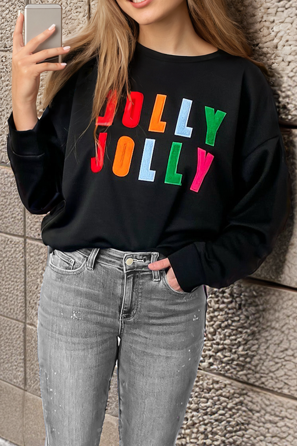 White Chenille Holly Jolly Graphic Long Sleeve Top-Tops/Long Sleeve Tops-[Adult]-[Female]-2022 Online Blue Zone Planet