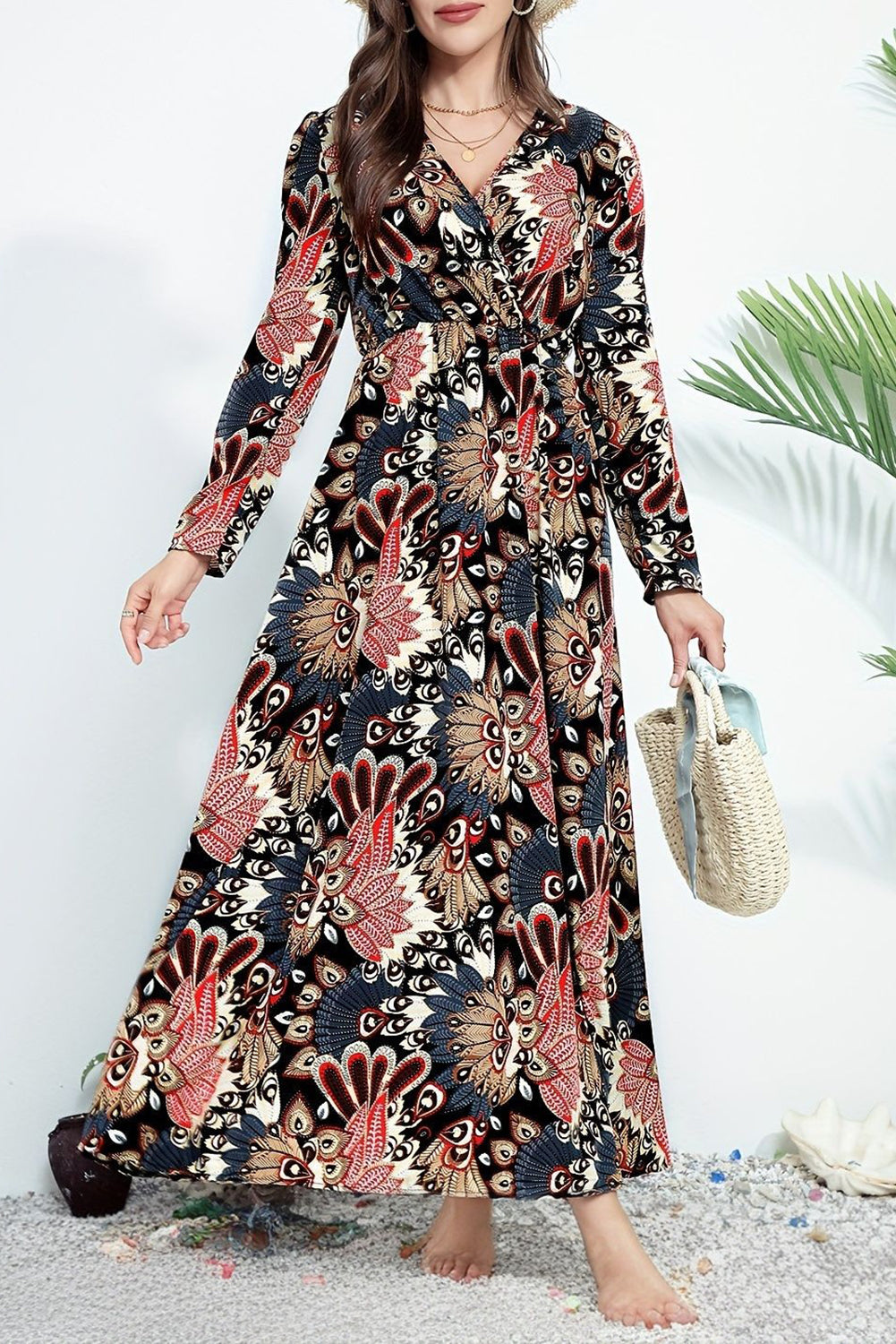 Black Floral Print V Neck Wrap High Waist Maxi Dress-Dresses/Maxi Dresses-[Adult]-[Female]-Black-S-2022 Online Blue Zone Planet