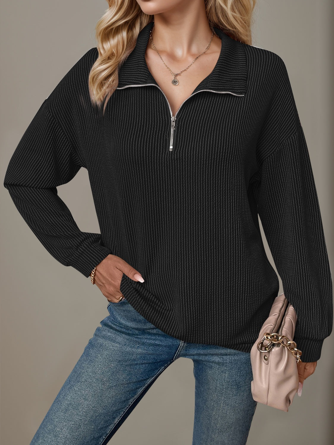 Double Take Striped Half Zip Long Sleeve T-Shirt-TOPS / DRESSES-[Adult]-[Female]-2022 Online Blue Zone Planet