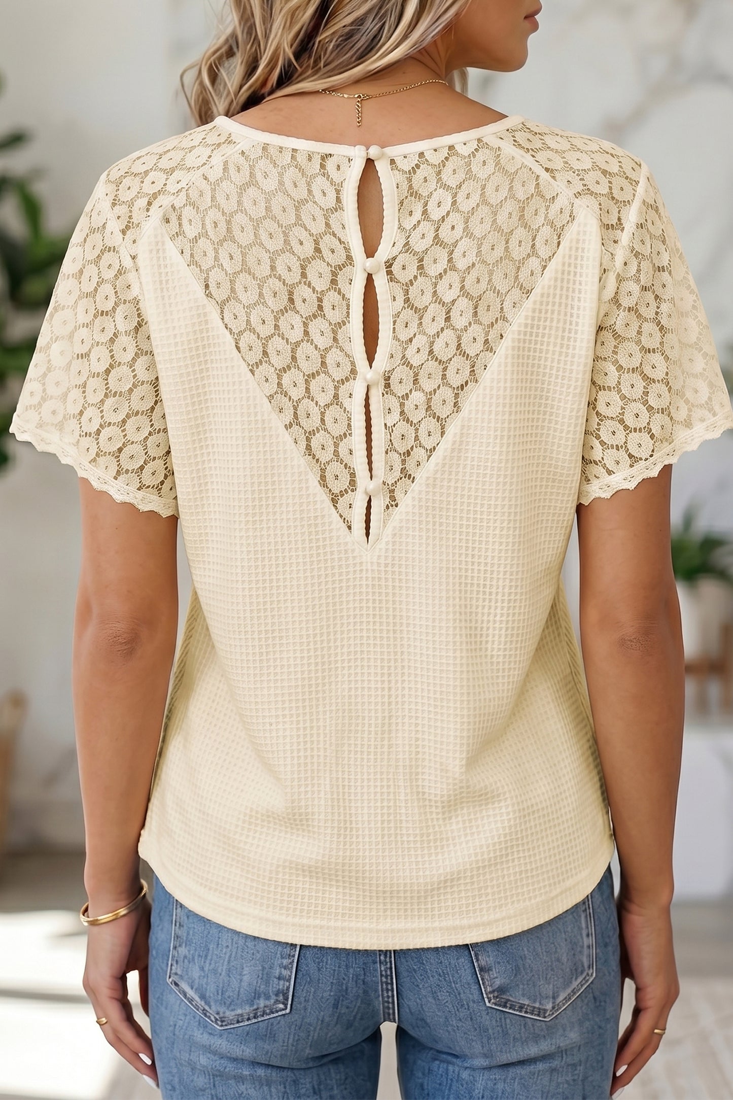 Beige Lace Splicing Button Cutout V Neck Waffle Knit Blouse-Tops/Blouses & Shirts-[Adult]-[Female]-2022 Online Blue Zone Planet