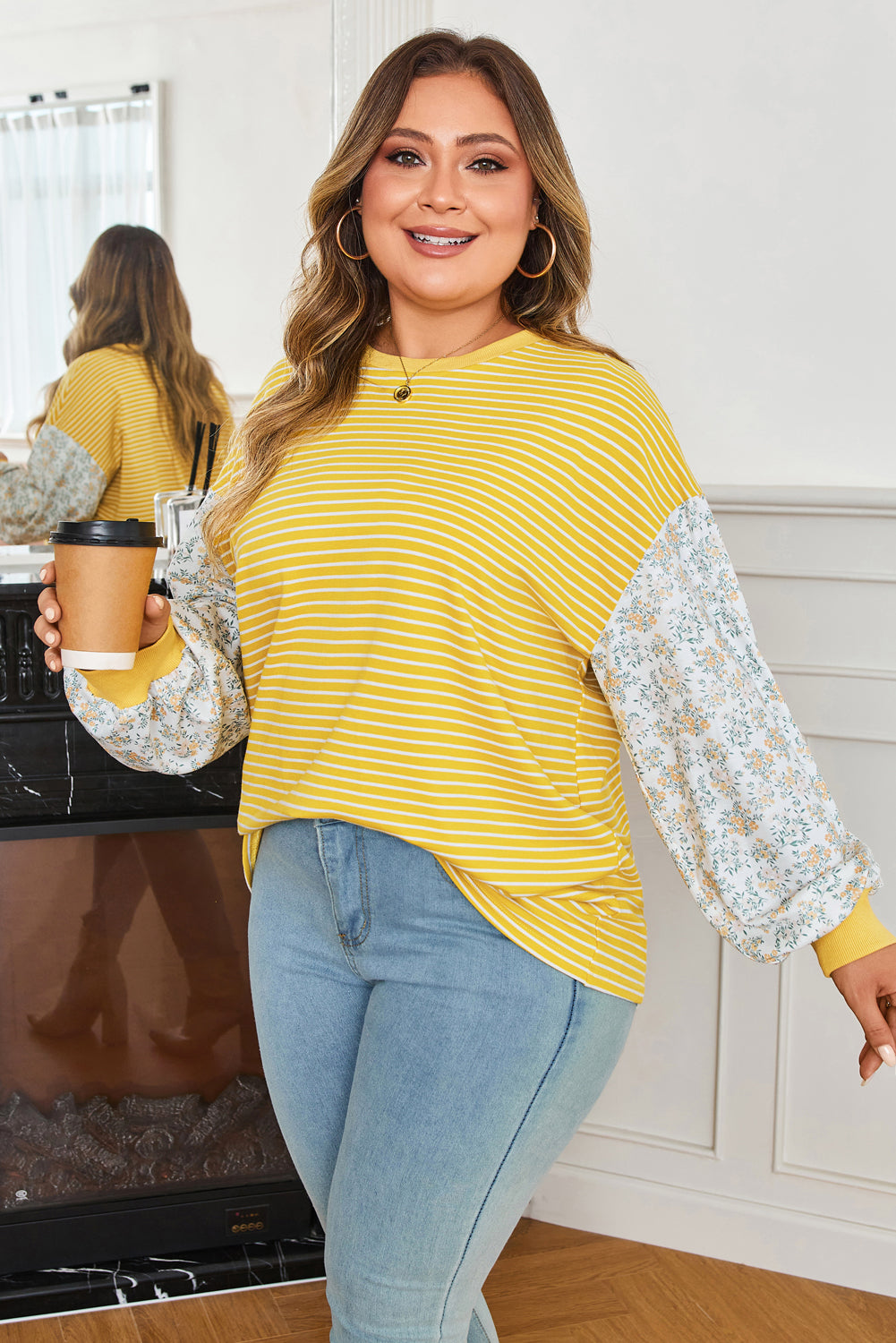Yellow Stripe Striped Contrast Floral Sleeve Patchwork Plus Size Loose Top-Plus Size/Plus Size Tops/Plus Size Long Sleeve Tops-[Adult]-[Female]-2022 Online Blue Zone Planet