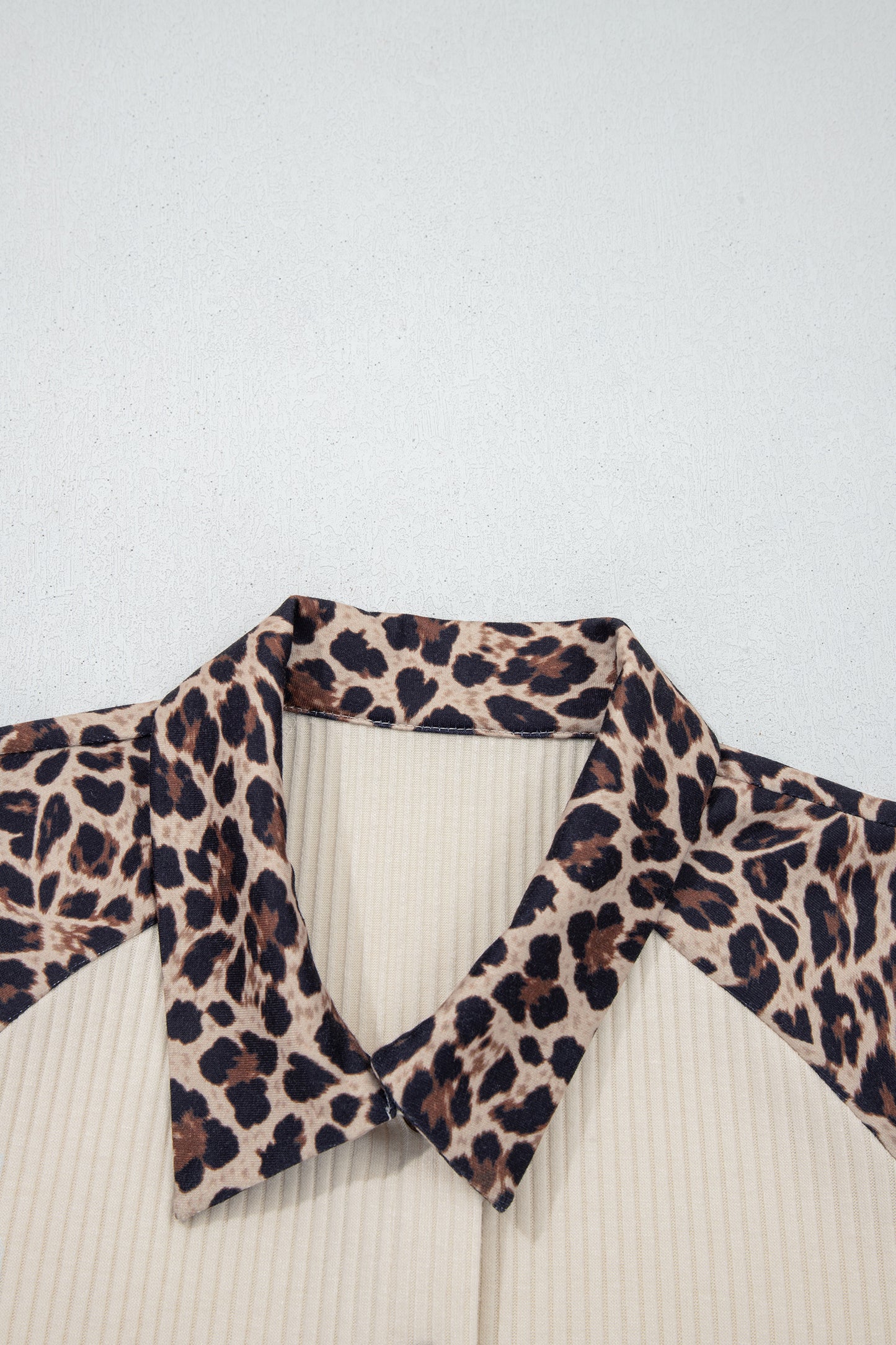 White Ribbed Texture Button Down Leopard Patchwork Short Sleeve Shirt-Tops/Blouses & Shirts-[Adult]-[Female]-2022 Online Blue Zone Planet