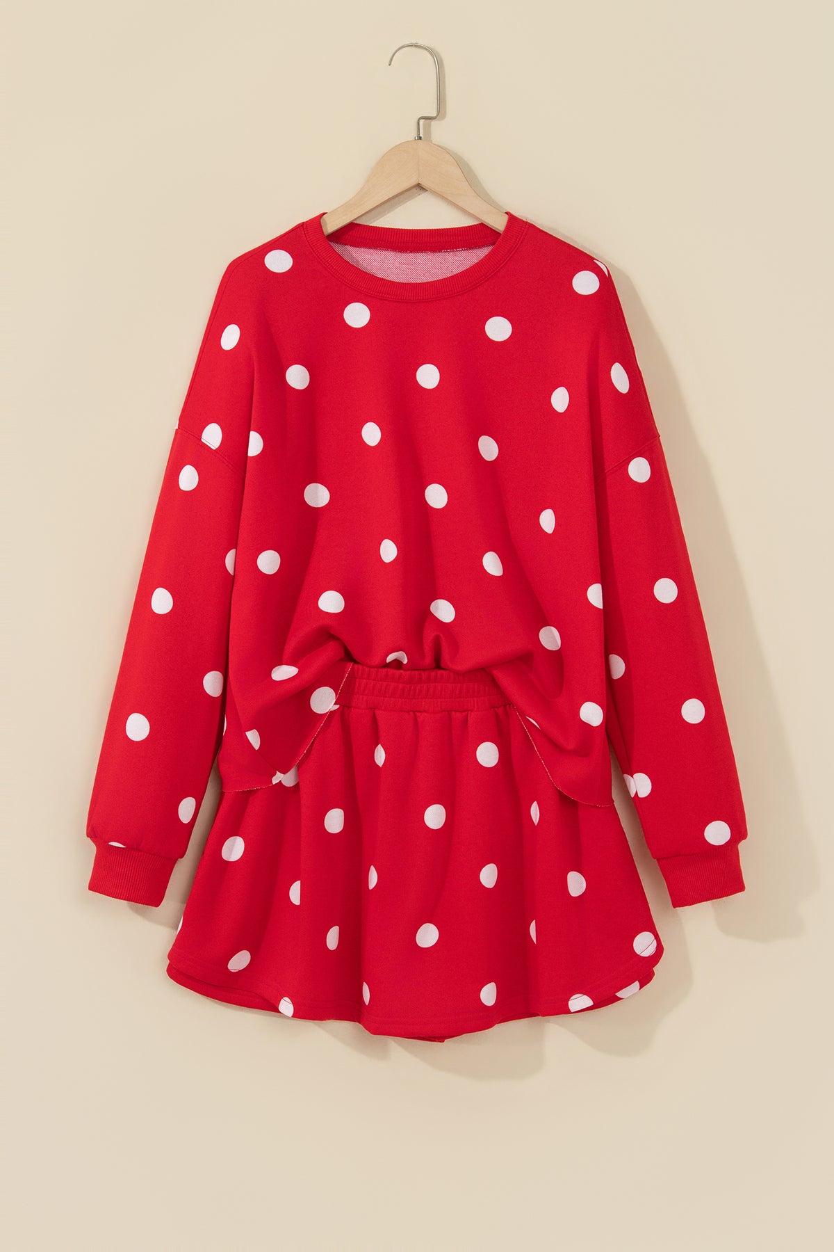 Red Polka Dot Raw Hem Relaxed Pullover Loose Skort Two Piece Set-Two Piece Sets/Two Piece Dresses-[Adult]-[Female]-2022 Online Blue Zone Planet