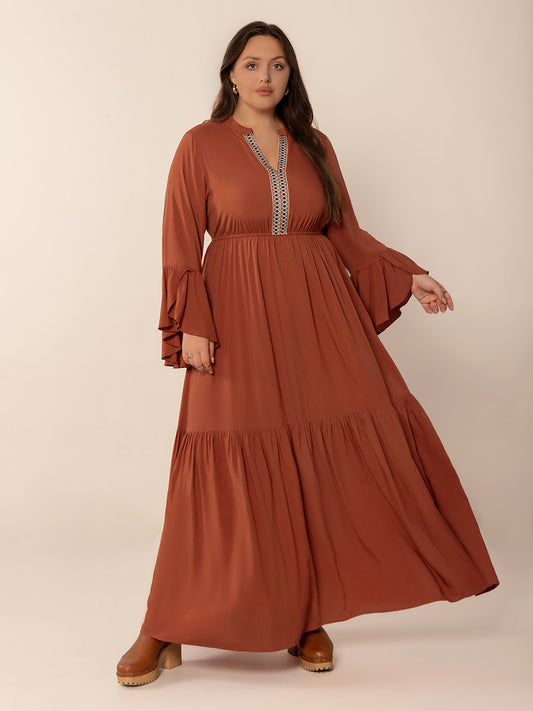 Plus Size Ruffled Notched Long Sleeve Midi Dress-TOPS / DRESSES-[Adult]-[Female]-Terracotta-0XL-2022 Online Blue Zone Planet