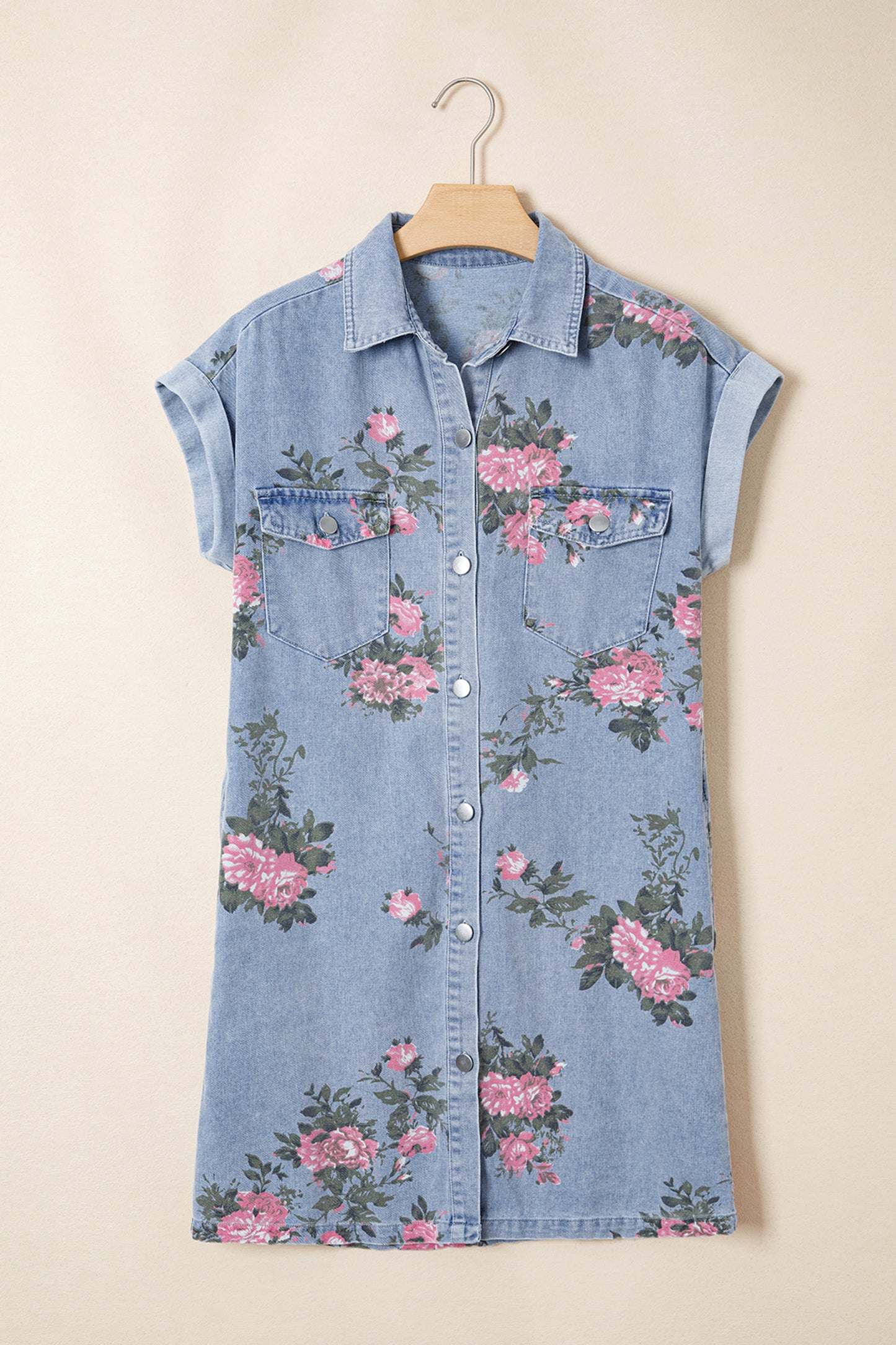 Sky Blue Denim Floral Print Cuffed Short Sleeve Button Down Shift Dress-TOPS / DRESSES-[Adult]-[Female]-2022 Online Blue Zone Planet