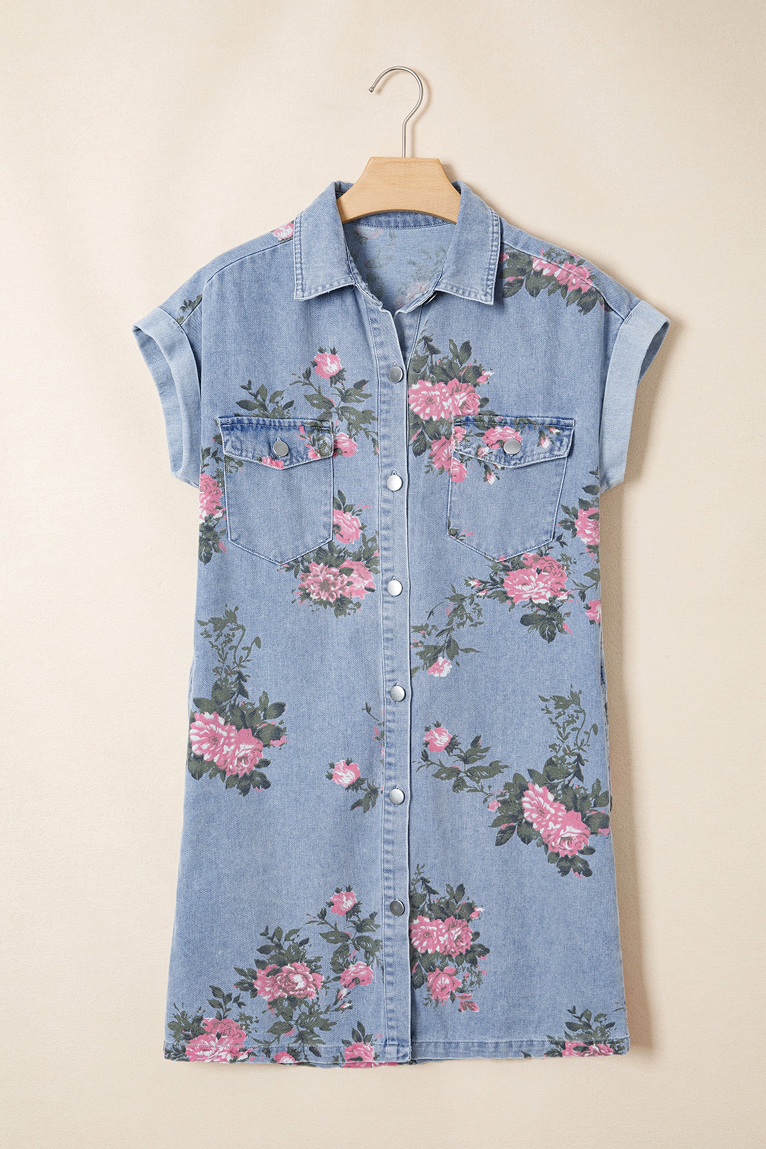 Sky Blue Denim Floral Print Cuffed Short Sleeve Button Down Shift Dress-TOPS / DRESSES-[Adult]-[Female]-2022 Online Blue Zone Planet