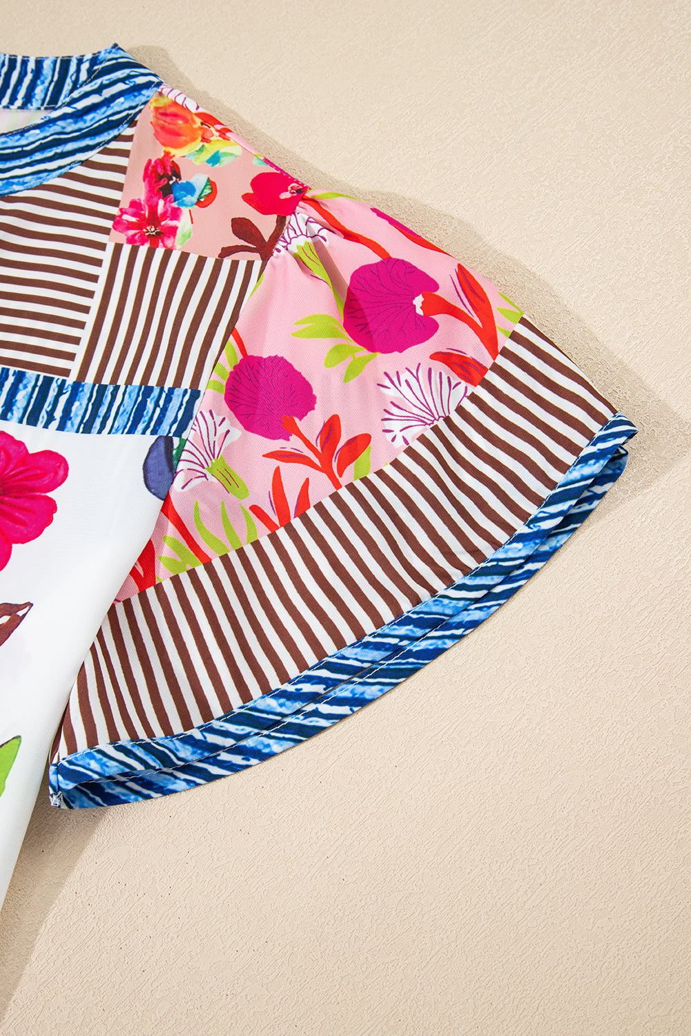 Pink Floral Striped Patchwork Short Sleeve Split Neck Blouse-Tops/Blouses & Shirts-[Adult]-[Female]-2022 Online Blue Zone Planet