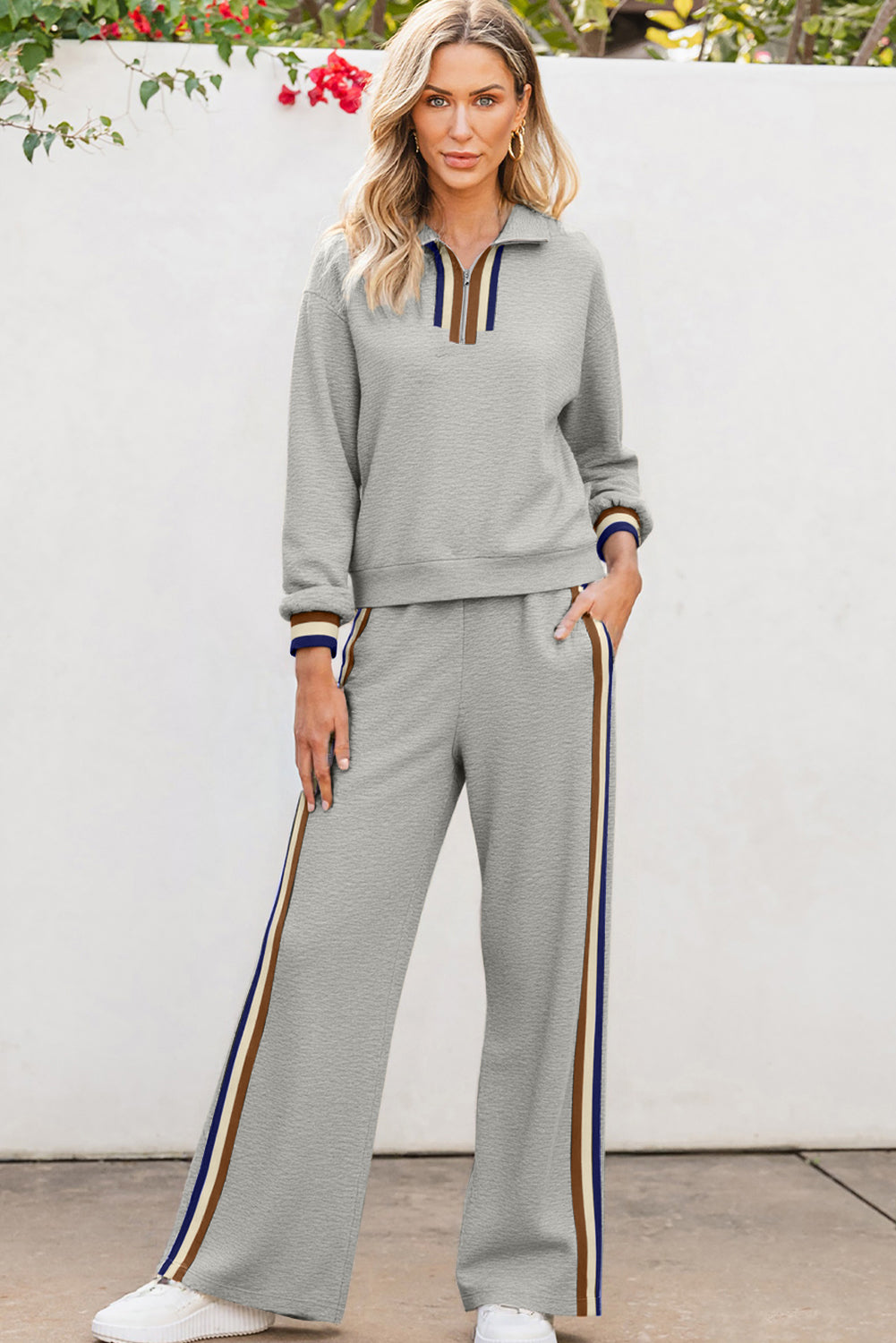 Gray Striped Patchwork Quarter Zip Pullover Loose Pant Set-Two Piece Sets/Pant Sets-[Adult]-[Female]-2022 Online Blue Zone Planet