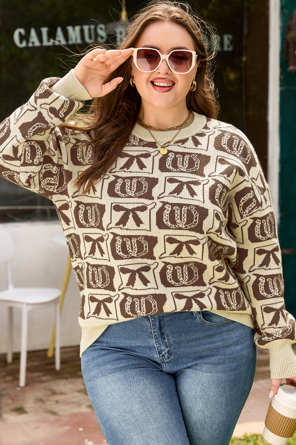 Brown Bow Horseshoe Print Checkered Plus Size Sweater-TOPS / DRESSES-[Adult]-[Female]-2022 Online Blue Zone Planet
