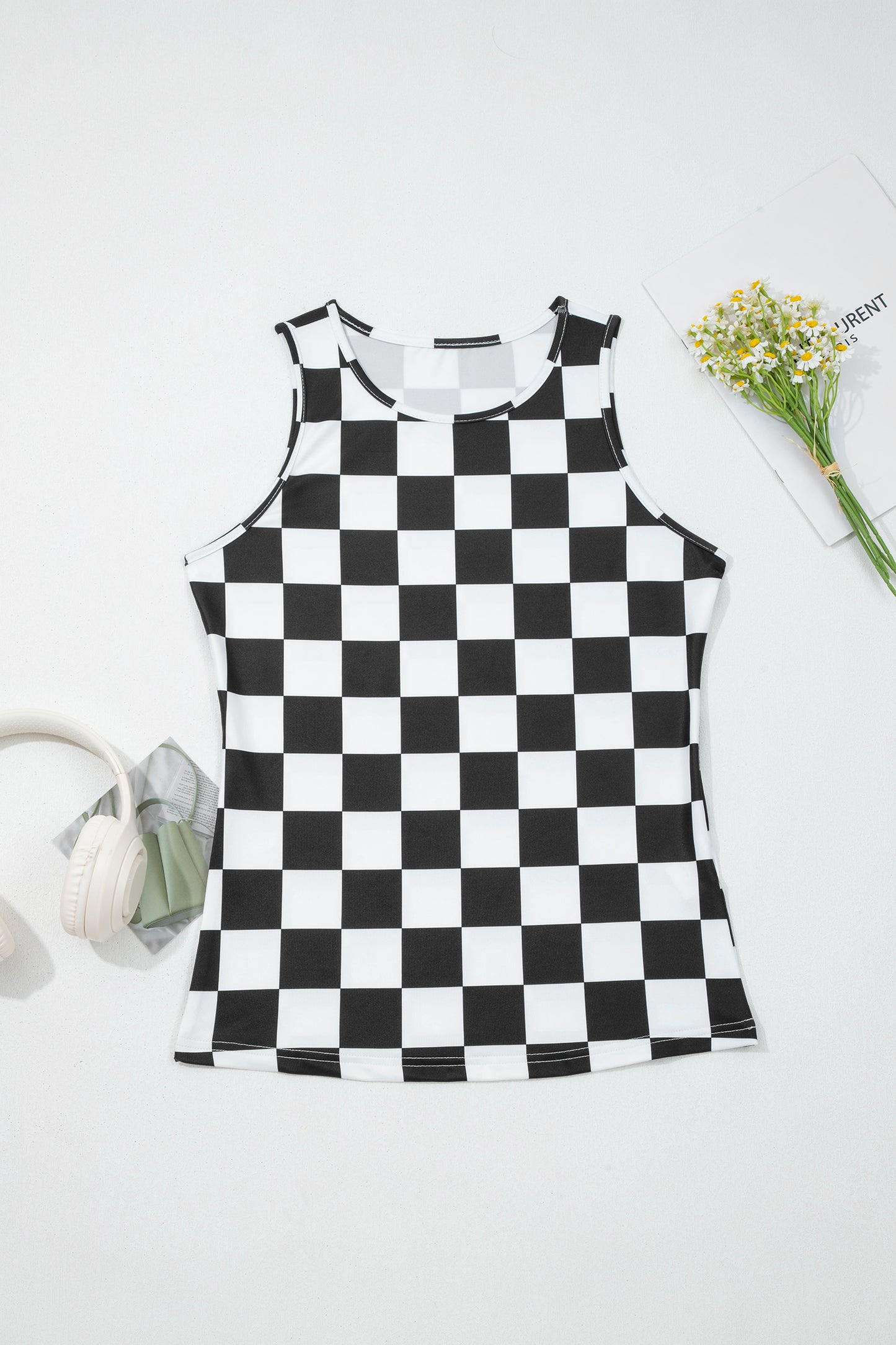 Black Checkerboard Printed Slim Tank Top-Tops/Tank Tops-[Adult]-[Female]-2022 Online Blue Zone Planet