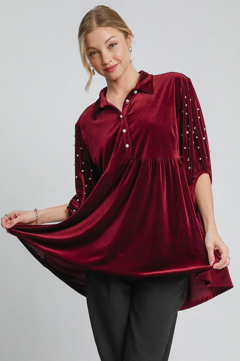 Umgee Pearl Detail Collared Neck Velvet Babydoll Blouse-TOPS / DRESSES-[Adult]-[Female]-Burgundy-S-2022 Online Blue Zone Planet