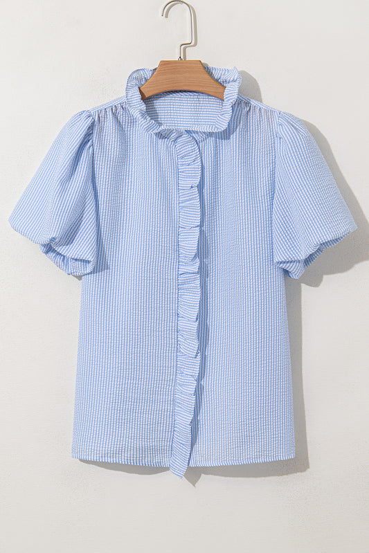 Beau Blue Striped Ruffle Short Bubble Sleeve Shirt-Tops/Blouses & Shirts-[Adult]-[Female]-2022 Online Blue Zone Planet