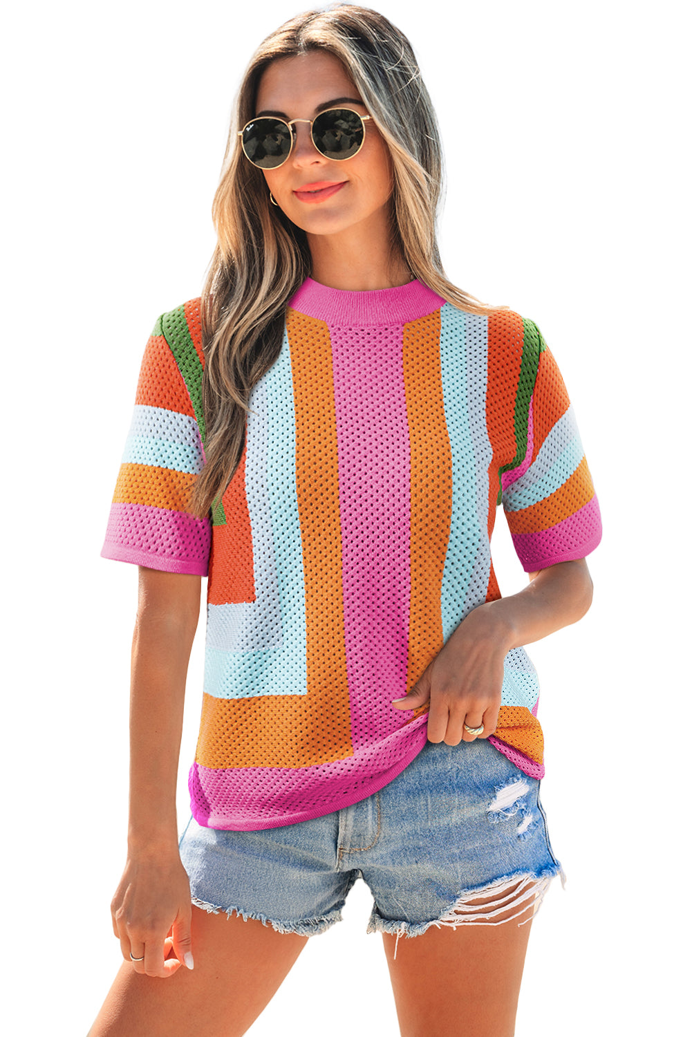 Orange Color Block Eyelet Casual Sweater T Shirt-Sweaters & Cardigans/Short Sleeve Sweaters-[Adult]-[Female]-2022 Online Blue Zone Planet