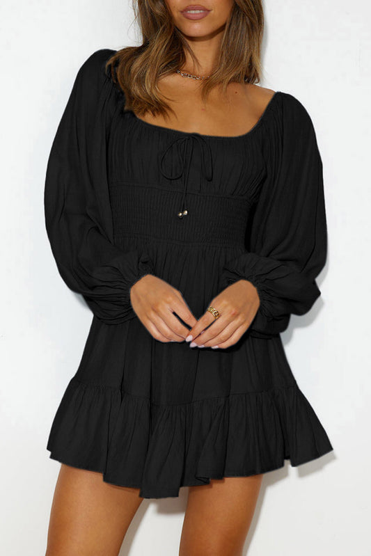 Black Solid Color Long Sleeve Shirred Drawstring Ruffle Mini Dress-TOPS / DRESSES-[Adult]-[Female]-Black-2XL-2022 Online Blue Zone Planet