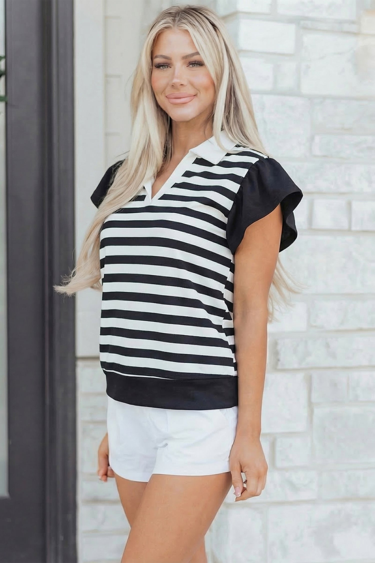 Black Stripe Collar V Neck Ruffled Short Sleeve Blouse-Tops/Blouses & Shirts-[Adult]-[Female]-2022 Online Blue Zone Planet