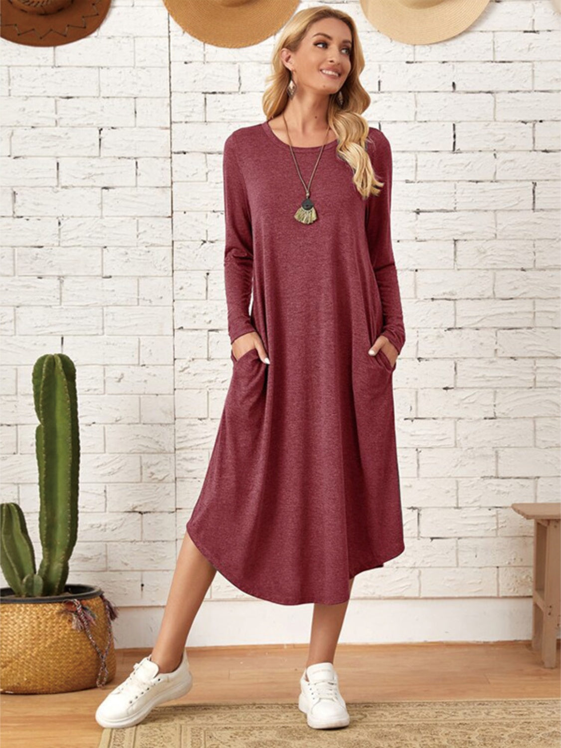 Pocketed Round Neck Long Sleeve Tee Dress-TOPS / DRESSES-[Adult]-[Female]-Burgundy-S-2022 Online Blue Zone Planet