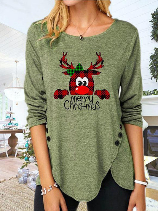 Full Size Reindeer Round Neck Long Sleeve T-Shirt-TOPS / DRESSES-[Adult]-[Female]-Matcha Green-S-2022 Online Blue Zone Planet