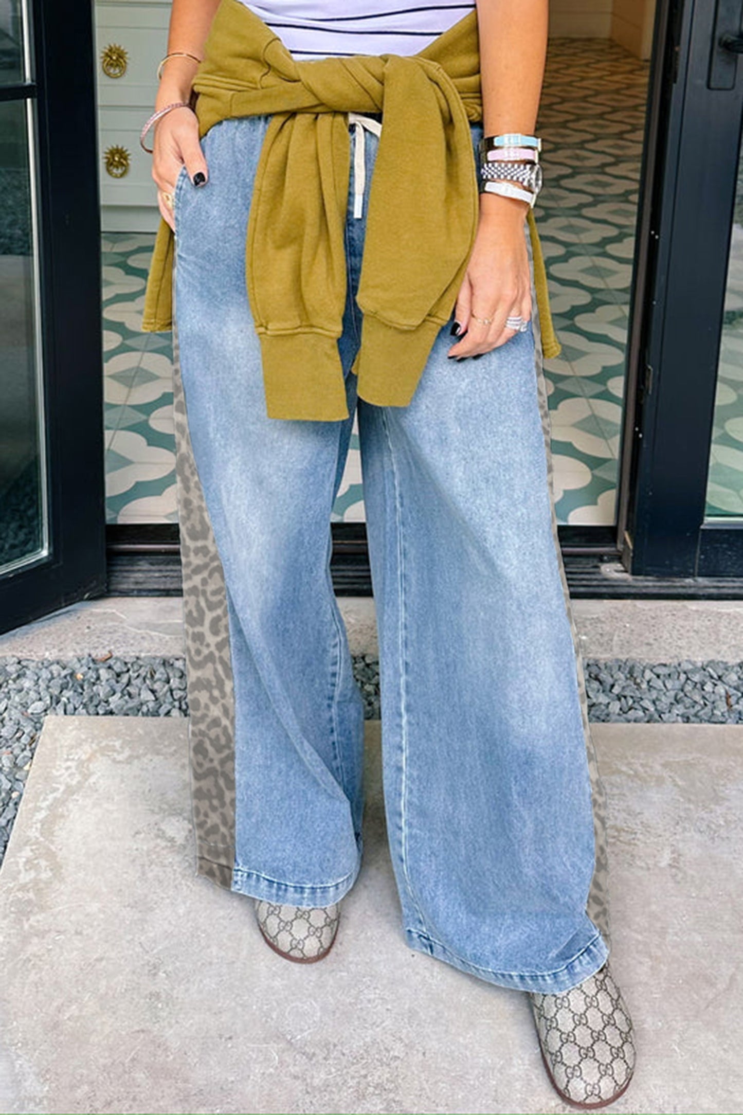 Beau Blue Drawstring Elastic Waist Leopard Striped Side Panel Wide Leg Jeans-Bottoms/Jeans-[Adult]-[Female]-2022 Online Blue Zone Planet