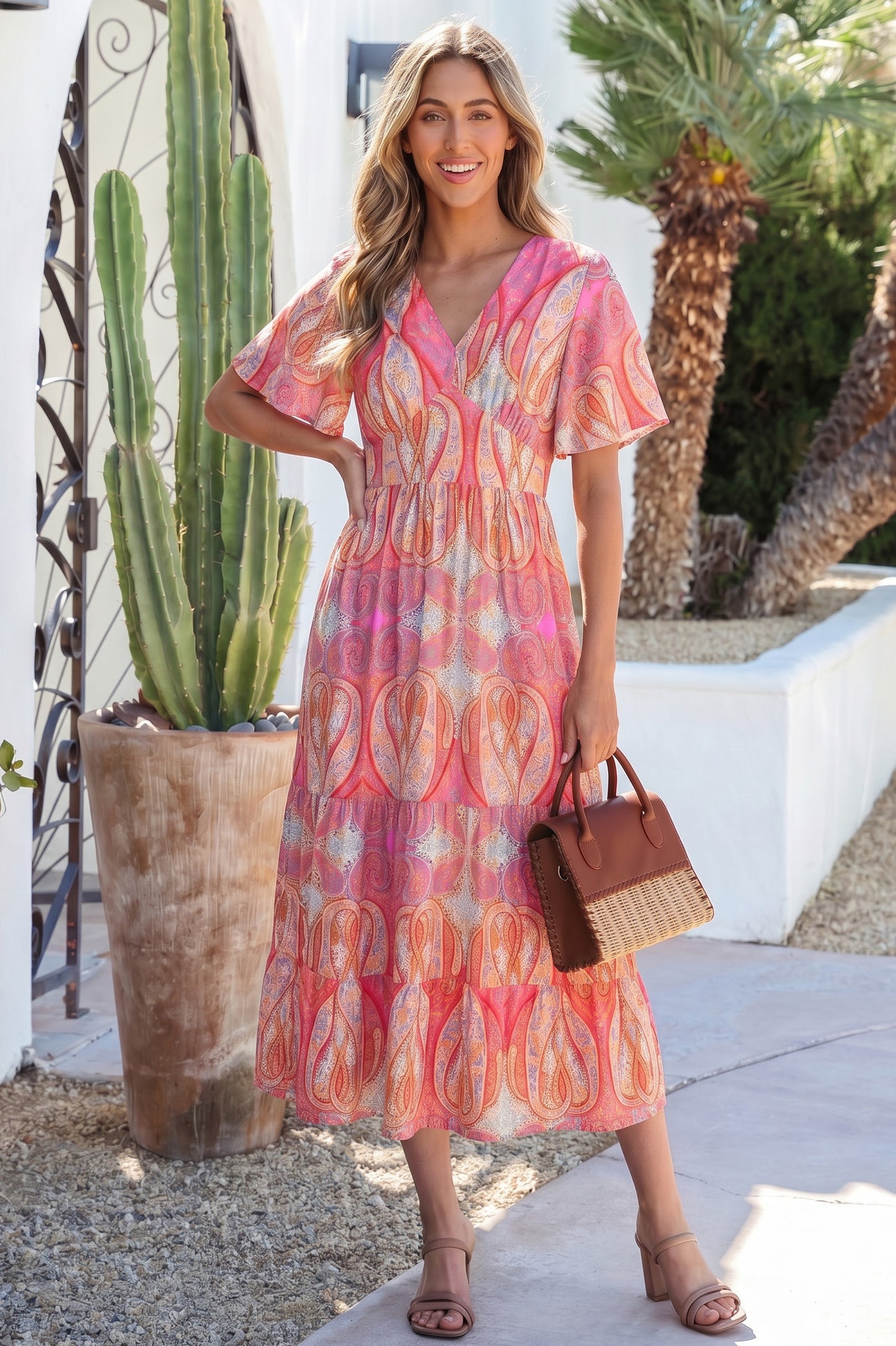 Multicolour Paisley Print V-Neck Short Sleeve Boho Maxi Dress with Ruffle Details-Dresses/Floral Dresses-[Adult]-[Female]-2022 Online Blue Zone Planet