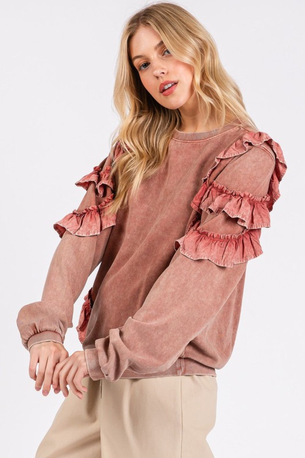 Mittoshop Ruffled Mineral Washed Round Neck Long Sleeve Sweatshirt-TOPS / DRESSES-[Adult]-[Female]-2022 Online Blue Zone Planet