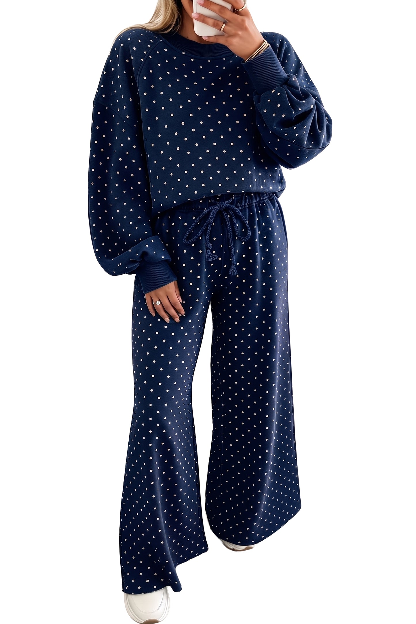 Brown Polka Dot Drawstring Wide Leg Long Sleeve Top Pant Set-Two Piece Sets/Pant Sets-[Adult]-[Female]-2022 Online Blue Zone Planet