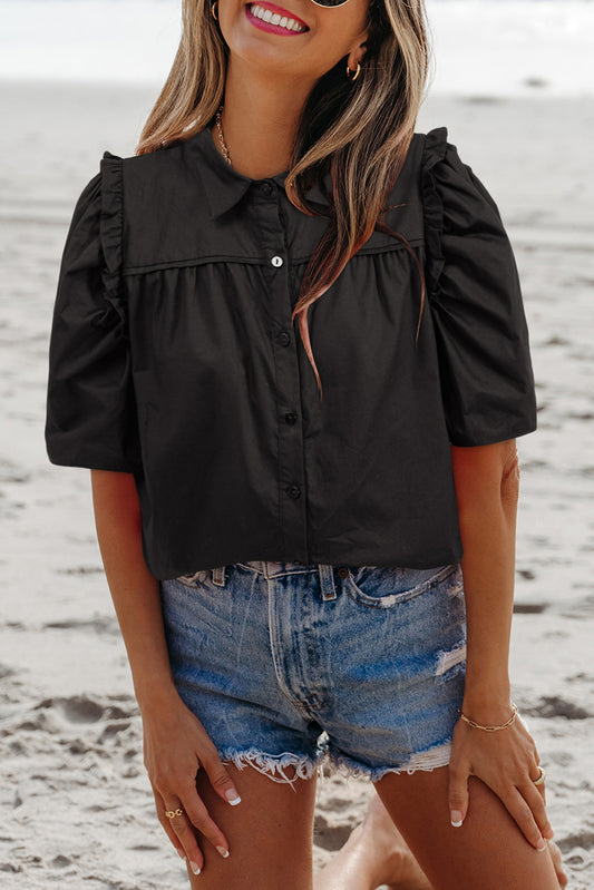 Black Frilly Puff Sleeve Stylish Collared Shirt-Tops/Blouses & Shirts-[Adult]-[Female]-Black-S-2022 Online Blue Zone Planet