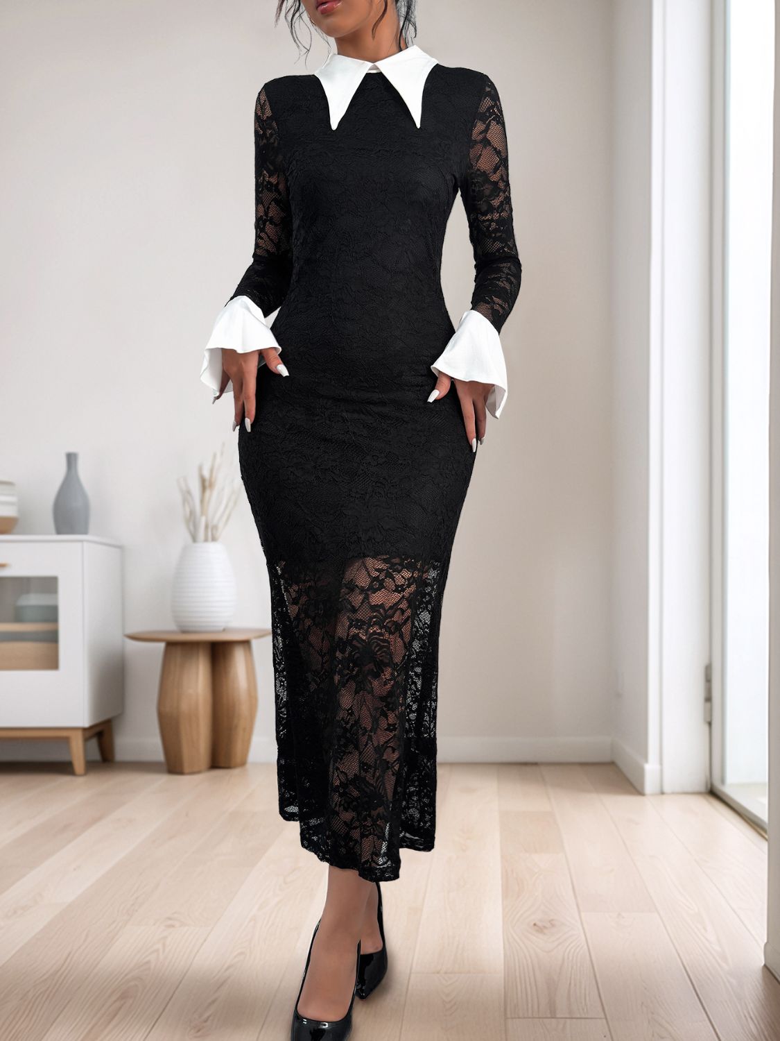 Blue Zone Planet | Perfee Lace Contrast Collared Neck Long Sleeve Midi Dress-TOPS / DRESSES-[Adult]-[Female]-2022 Online Blue Zone Planet