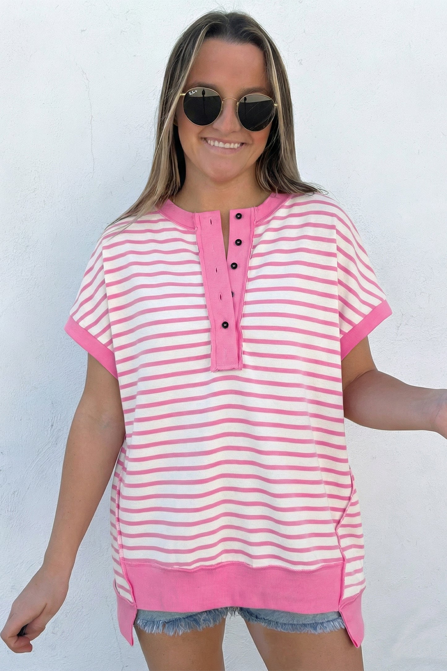 Pink Stripe Half Placket High Low Short Sleeve Top-Tops/Tops & Tees-[Adult]-[Female]-2022 Online Blue Zone Planet