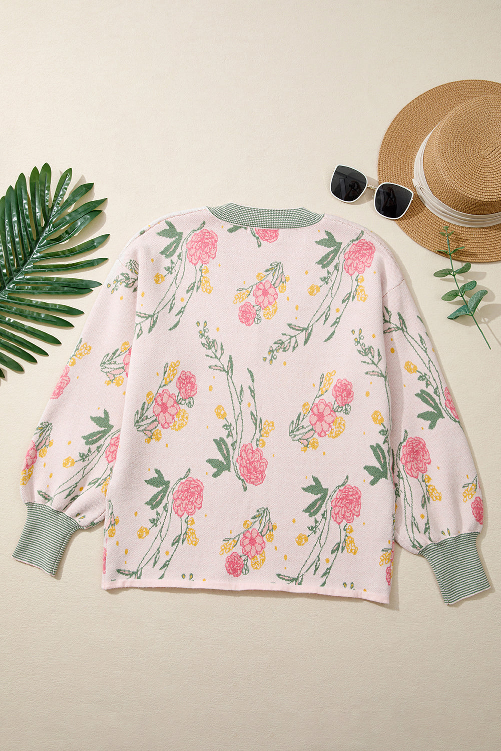 Pink Floral Pattern Striped V Neck Loose Sweater-TOPS / DRESSES-[Adult]-[Female]-2022 Online Blue Zone Planet