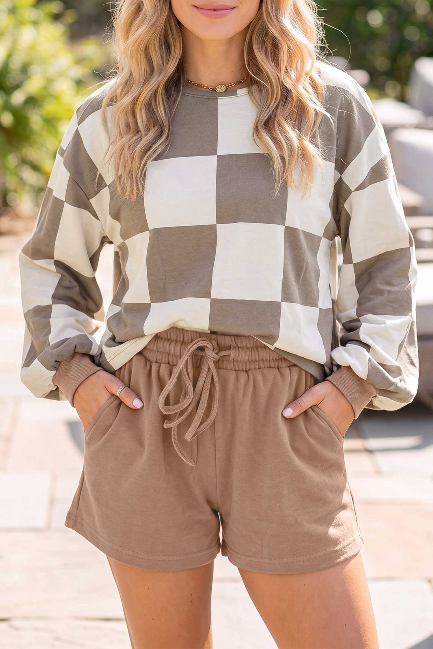 Khaki Checkerboard Plaid Long Sleeve Solid Color Shorts 2pcs Set-Two Piece Sets/Short Sets-[Adult]-[Female]-Khaki-S-2022 Online Blue Zone Planet