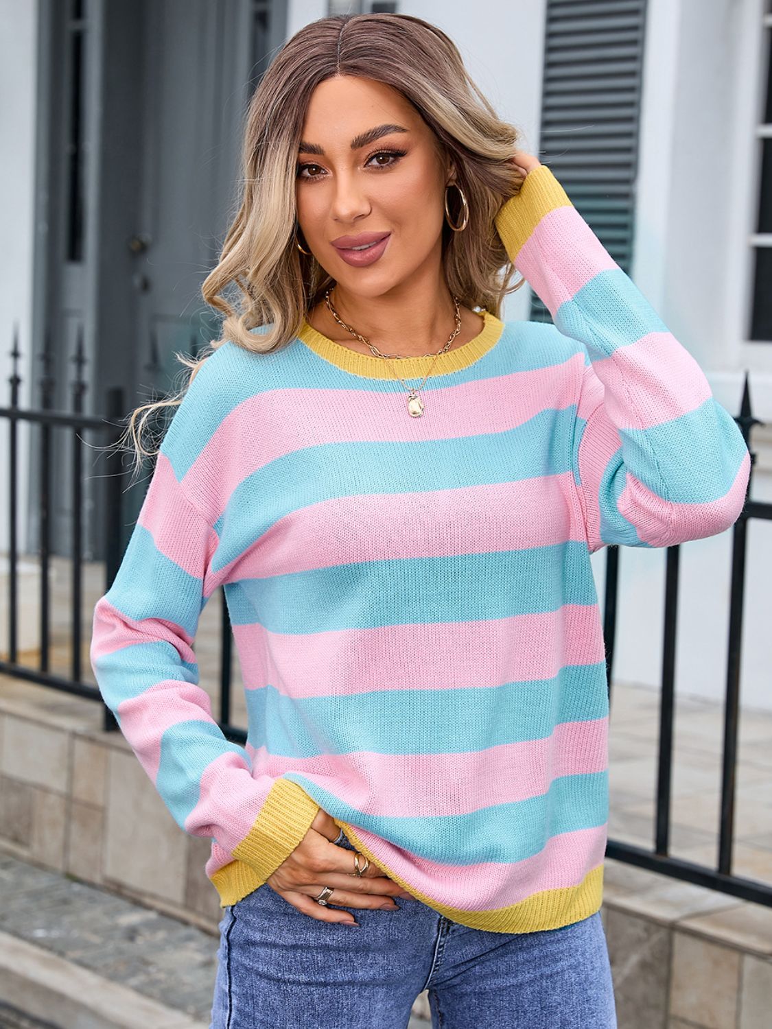 Striped Round Neck Dropped Shoulder Sweater-TOPS / DRESSES-[Adult]-[Female]-Blush Pink-S-2022 Online Blue Zone Planet