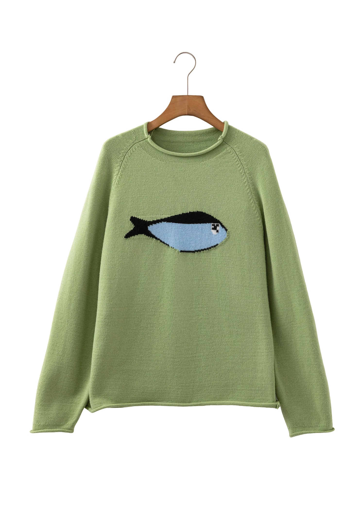Meadow Mist Green Unique Fish Knit Oversized Round Neck Sweater-Sweaters & Cardigans/Sweaters-[Adult]-[Female]-2022 Online Blue Zone Planet