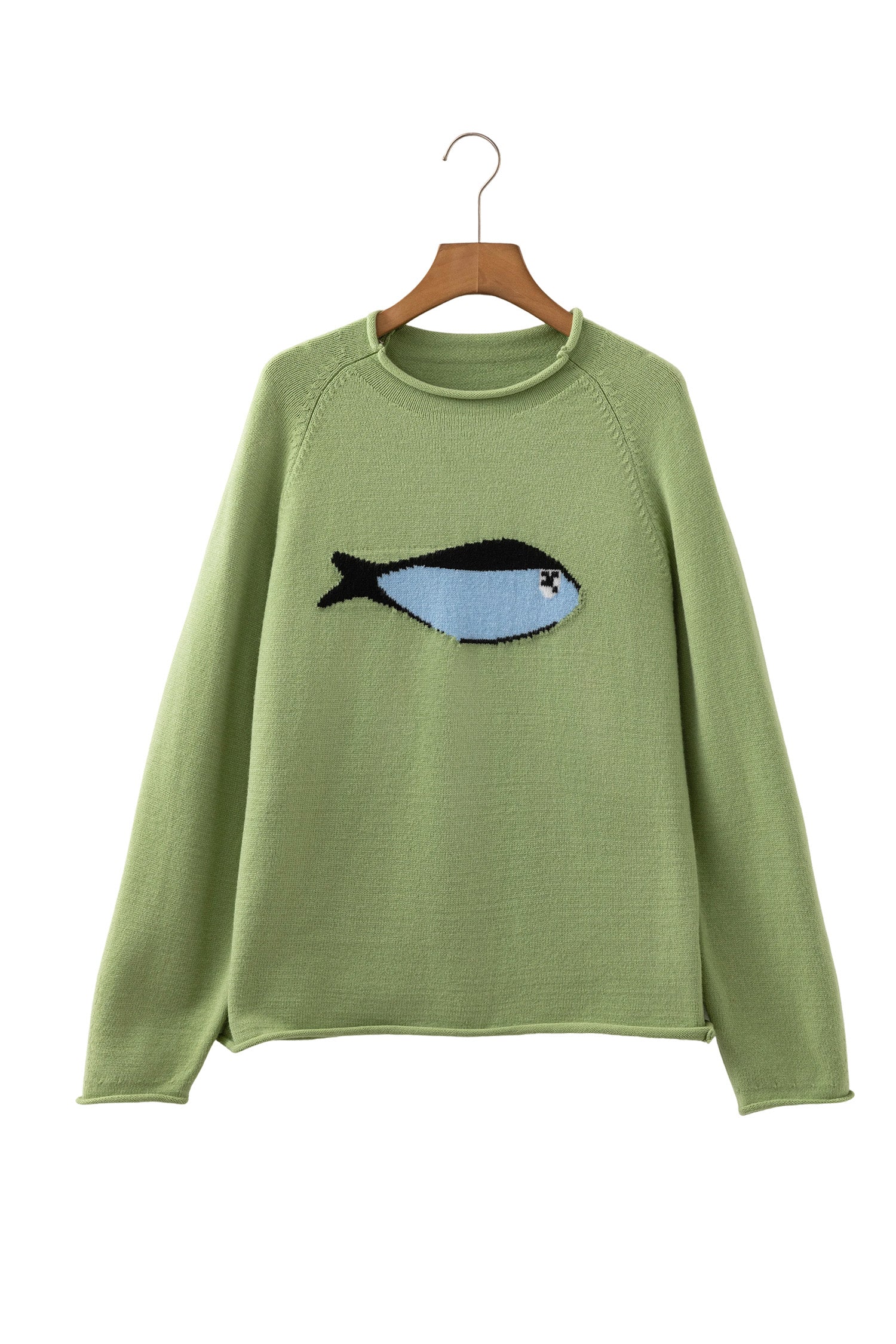 Meadow Mist Green Unique Fish Knit Oversized Round Neck Sweater-Sweaters & Cardigans/Sweaters-[Adult]-[Female]-2022 Online Blue Zone Planet