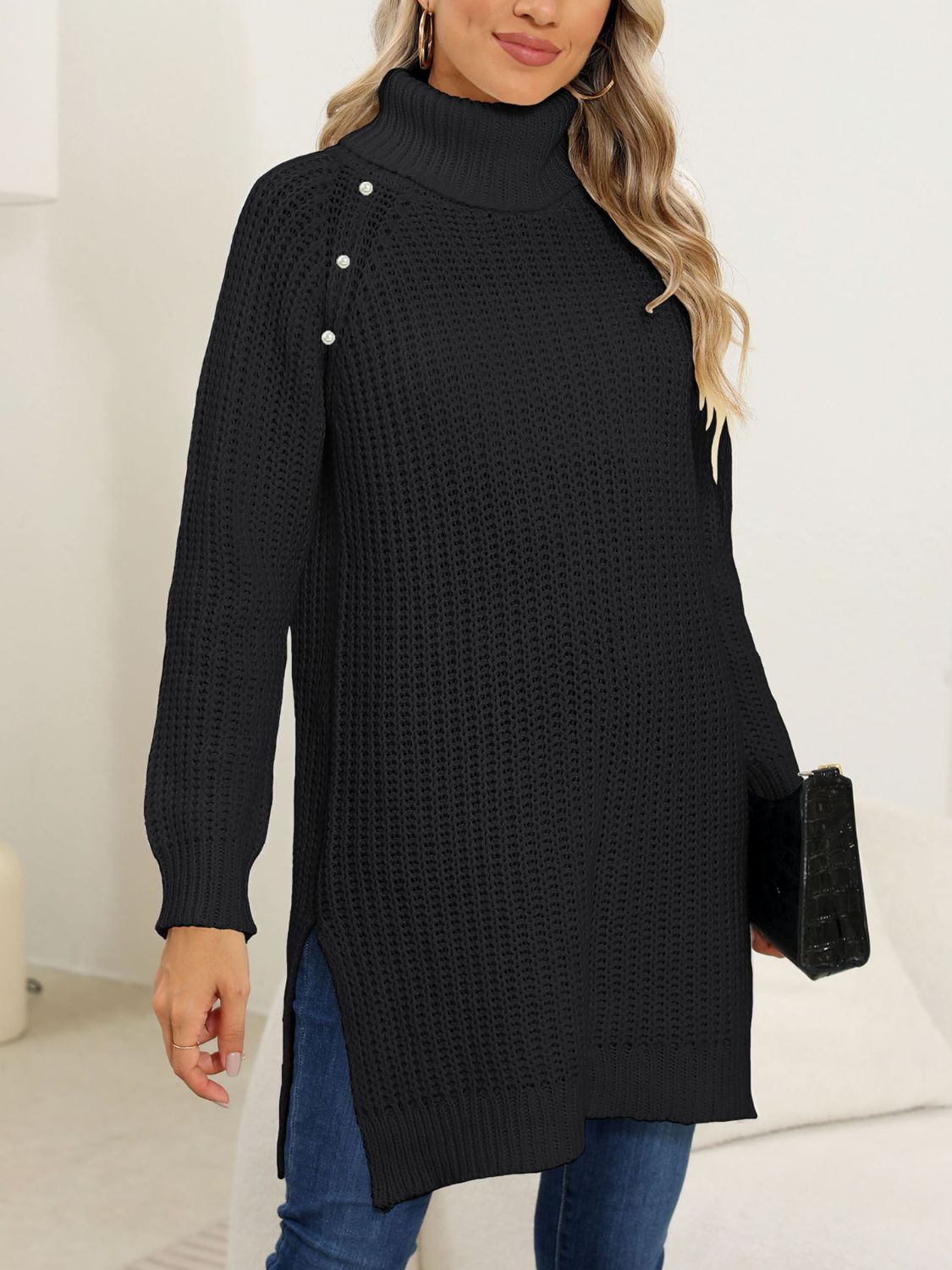 Slit Turtleneck Long Sleeve Sweater-TOPS / DRESSES-[Adult]-[Female]-Black-S-2022 Online Blue Zone Planet