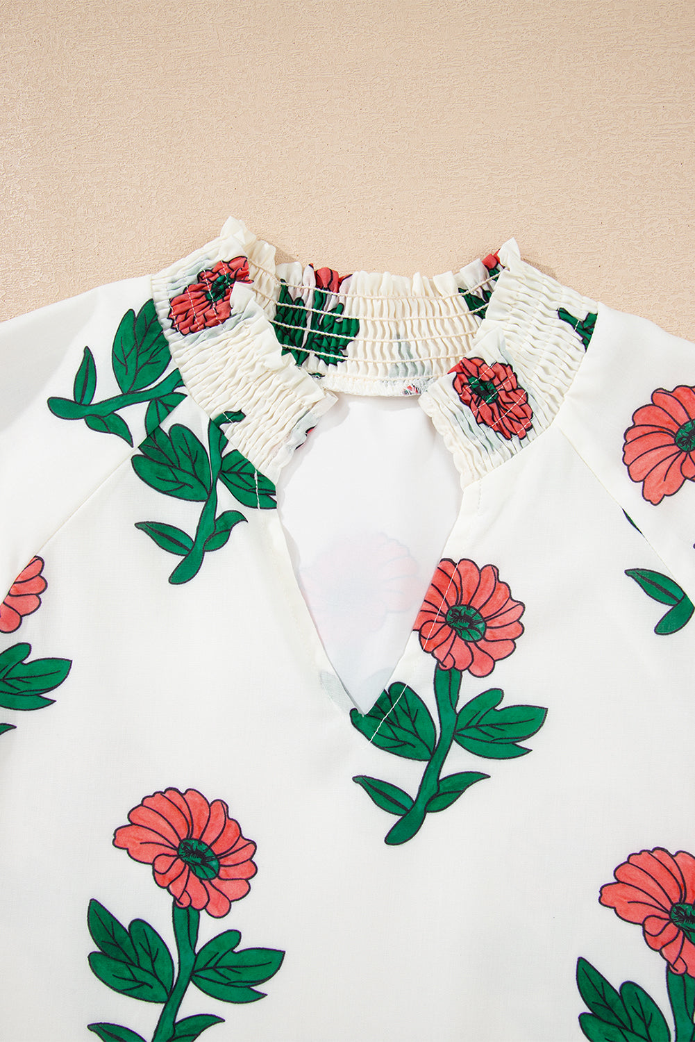 Beige Floral Print Shirred Split Neck Short Sleeve Blouse-Tops/Blouses & Shirts-[Adult]-[Female]-2022 Online Blue Zone Planet