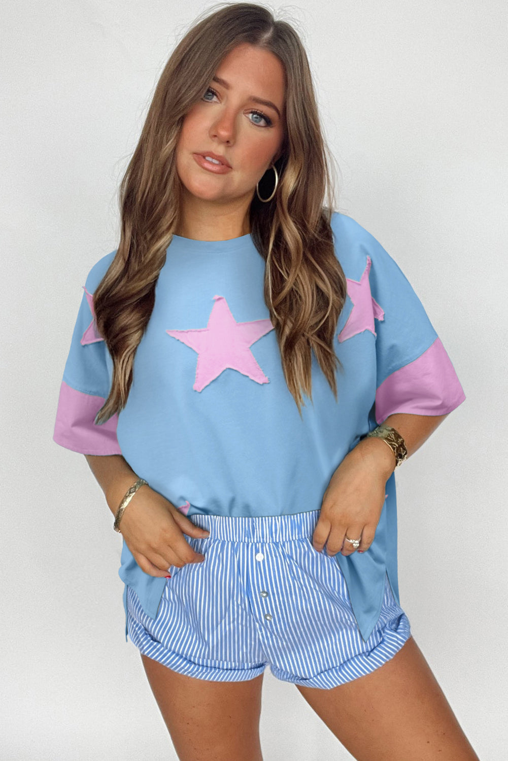 Myosotis Frayed Denim Star Patched Oversize T Shirt-Tops/Tops & Tees-[Adult]-[Female]-2022 Online Blue Zone Planet