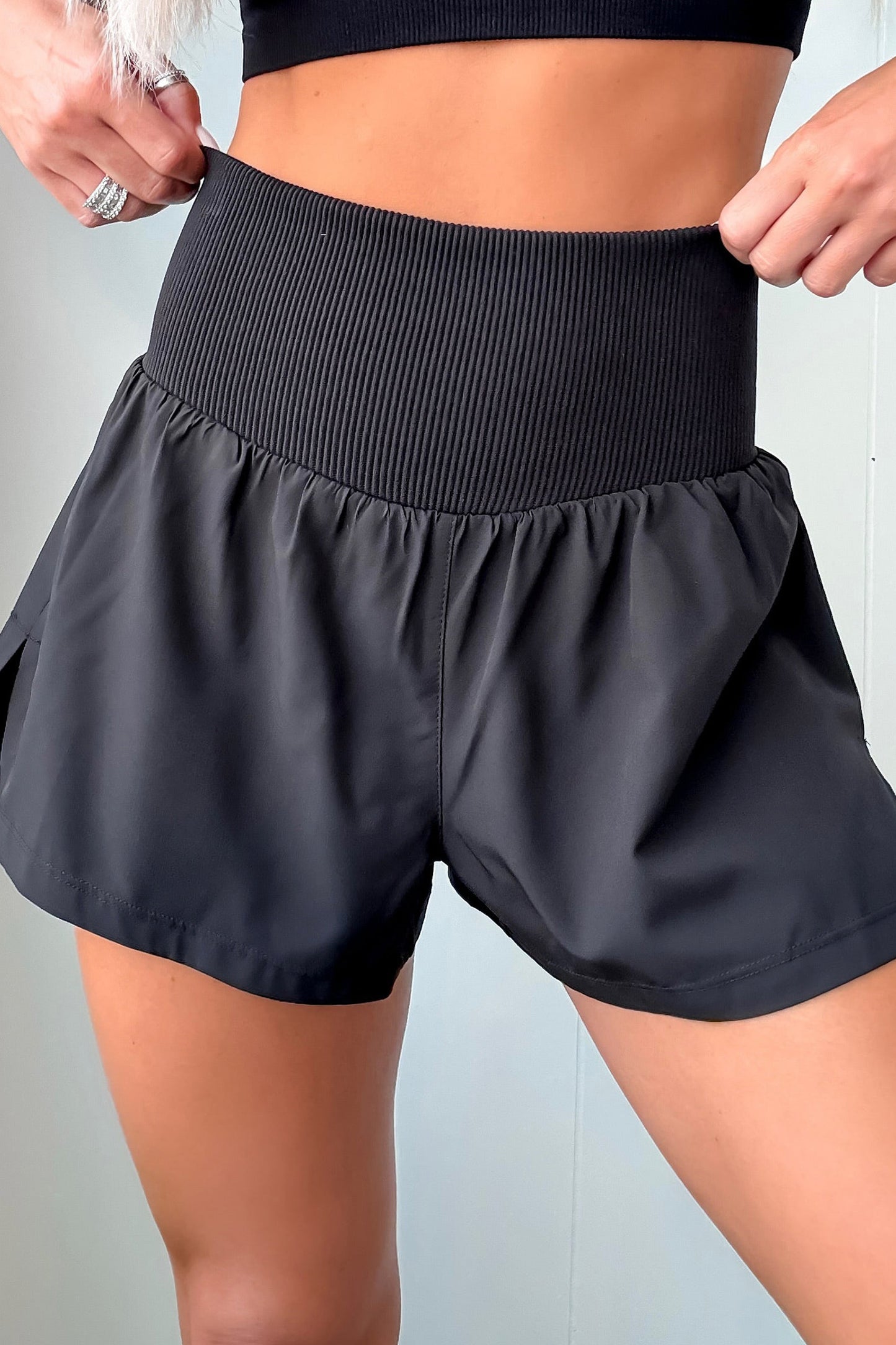 Black Solid Color Ribbed Patchwork High Waist Athletic Shorts-Bottoms/Casual Shorts-[Adult]-[Female]-2022 Online Blue Zone Planet