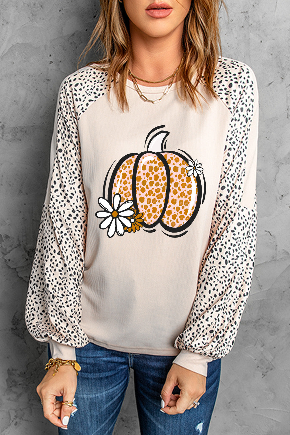 Pumpkin Graphic Round Neck Long Sleeve Top-TOPS / DRESSES-[Adult]-[Female]-Eggshell-S-2022 Online Blue Zone Planet