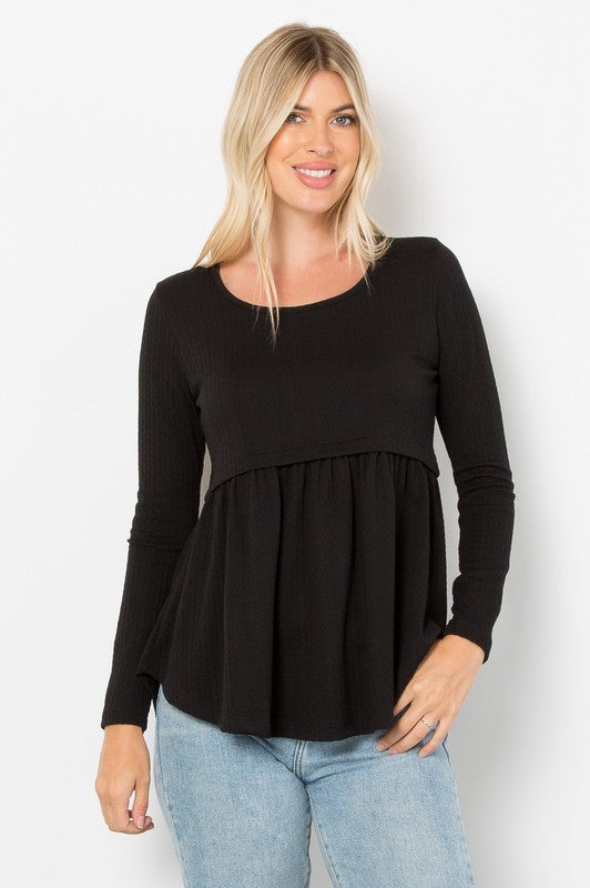 Be Stage Full Size Texture Babydoll Round Neck Long Sleeve Knit Top-TOPS / DRESSES-[Adult]-[Female]-Black-S-2022 Online Blue Zone Planet