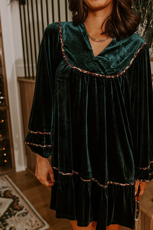 Blackish Green Leopard Trim Velvet Long Sleeve Shift Dress-Dresses/Mini Dresses-[Adult]-[Female]-Blackish Green-S-2022 Online Blue Zone Planet