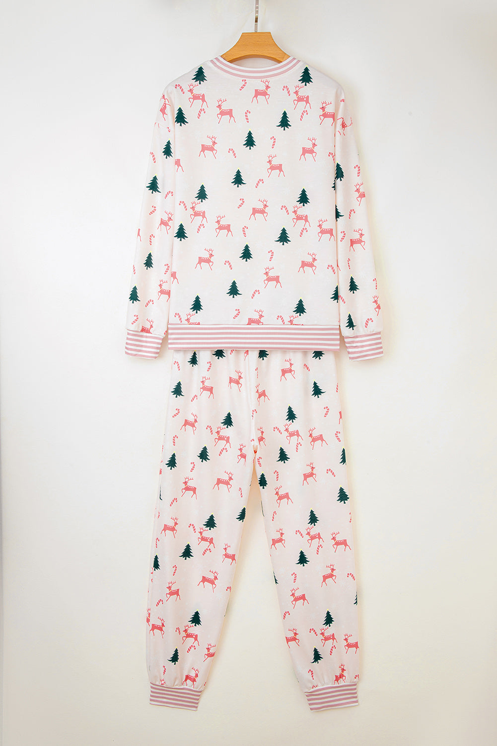 Pink Bow Christmas Tree Print Contrast Striped Banding 2pcs Lounge Set-Loungewear & Sleepwear/Loungewear-[Adult]-[Female]-2022 Online Blue Zone Planet