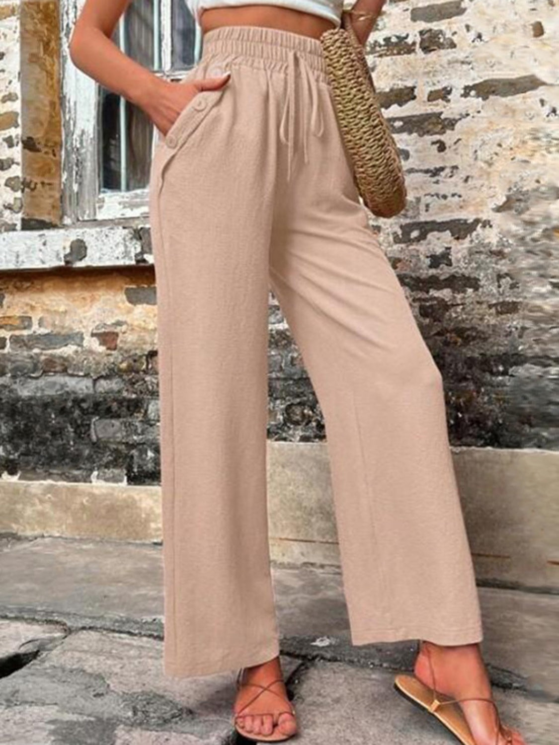 Tied High Waist Wide Leg Pants with Pockets-TOPS / DRESSES-[Adult]-[Female]-2022 Online Blue Zone Planet