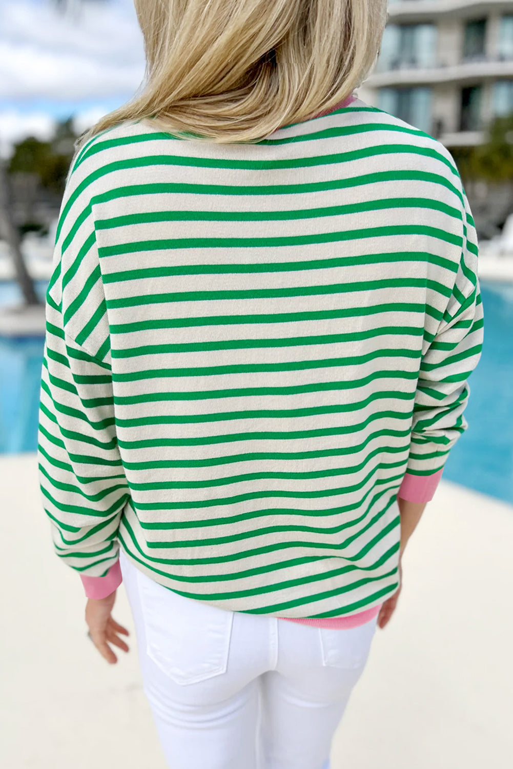 Bright Green Striped Contrast Edge Long Sleeve Top-Tops/Long Sleeve Tops-[Adult]-[Female]-2022 Online Blue Zone Planet