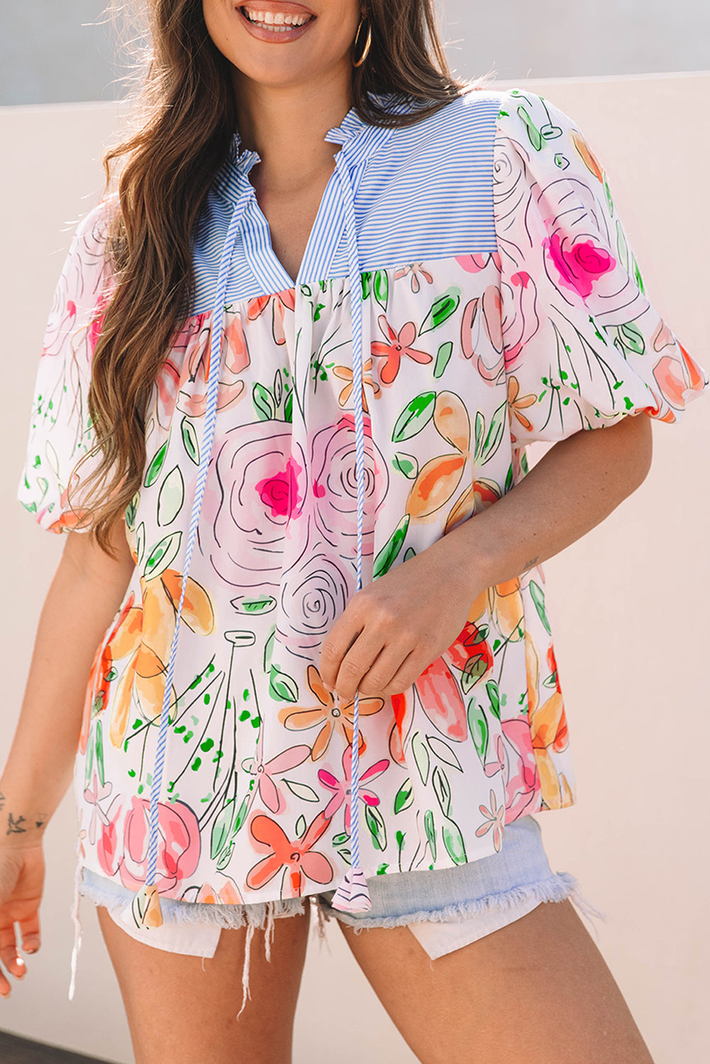Blue Zone Planet | Multicolour Floral Print Striped Yoke Frilled V Neck Puff Short Sleeve Blouse-Tops/Blouses & Shirts-[Adult]-[Female]-2022 Online Blue Zone Planet