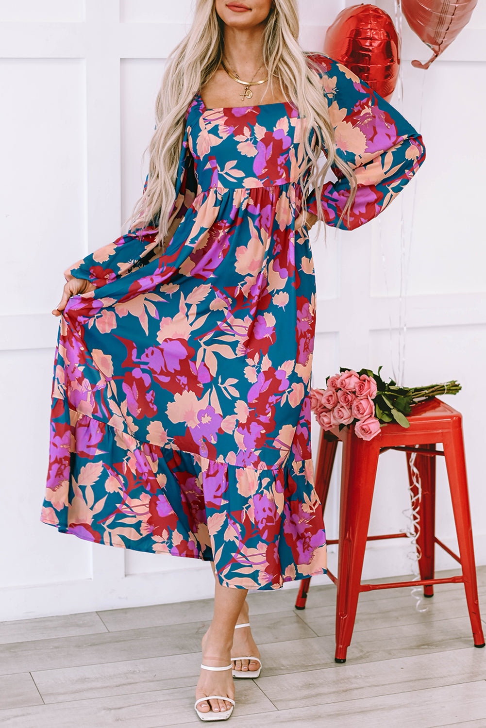 Multicolour Floral Print Square Neck Ruffled High Waist Dress-TOPS / DRESSES-[Adult]-[Female]-2022 Online Blue Zone Planet