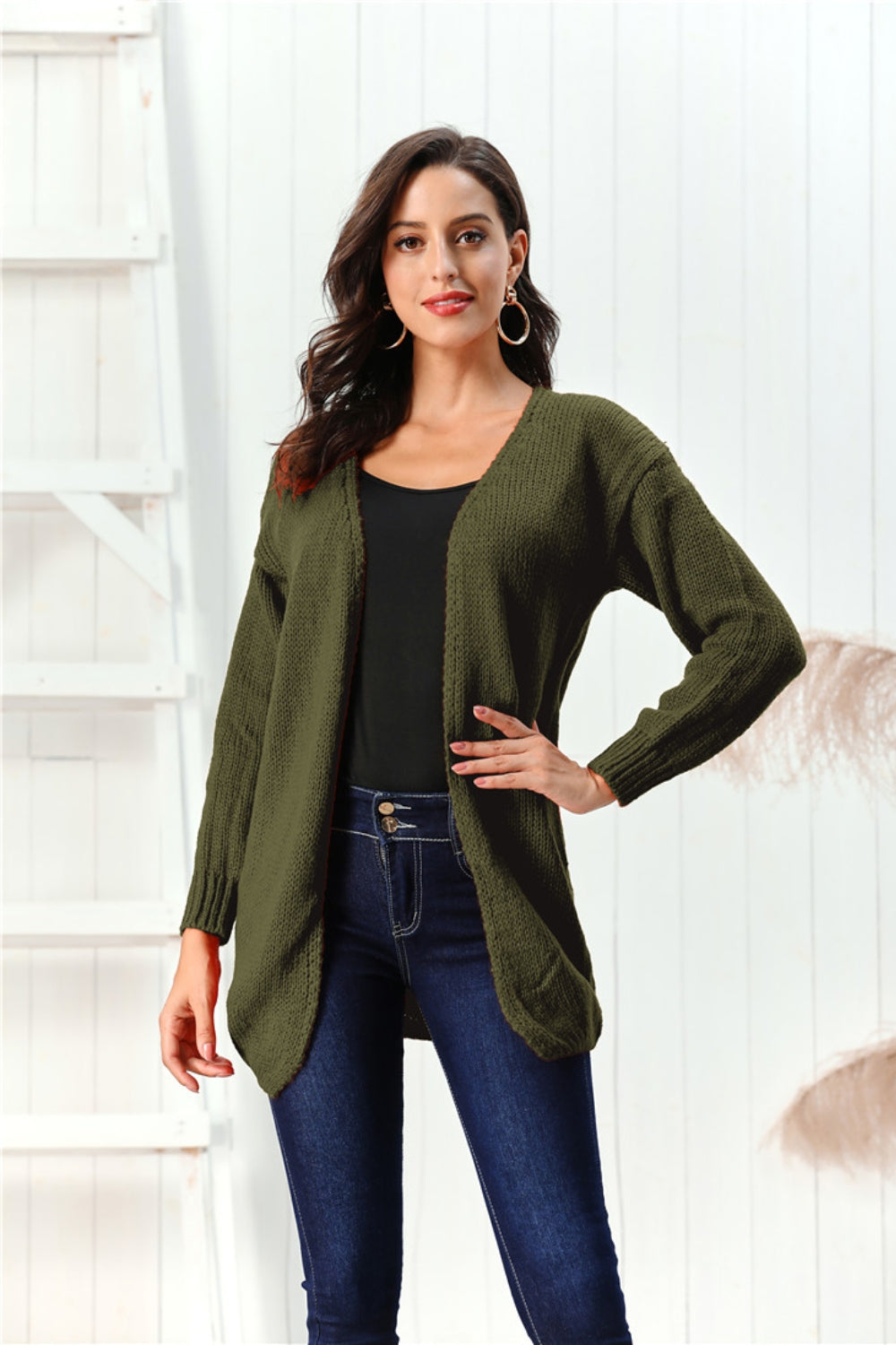 Open Front Long Sleeve Cardigan-NEW ARRIVALS-[Adult]-[Female]-Army Green-S-2022 Online Blue Zone Planet