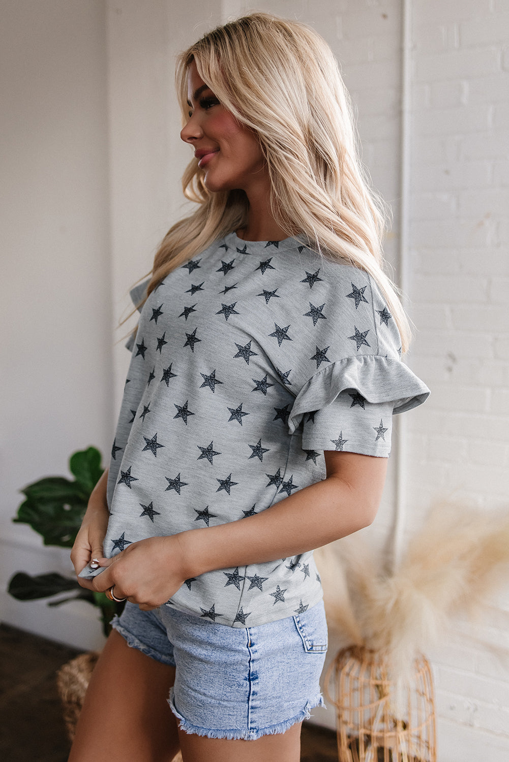Gray Star Print Tiered Ruffled Sleeve Crew Neck T Shirt-Tops/Tops & Tees-[Adult]-[Female]-2022 Online Blue Zone Planet